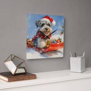 Schnauzer-Hund im Schlitten Lass es schneien Weihn Quadratische Wanduhr