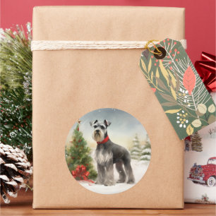 Schnauzer-Hund im Schnee Weihnachten Runder Aufkleber