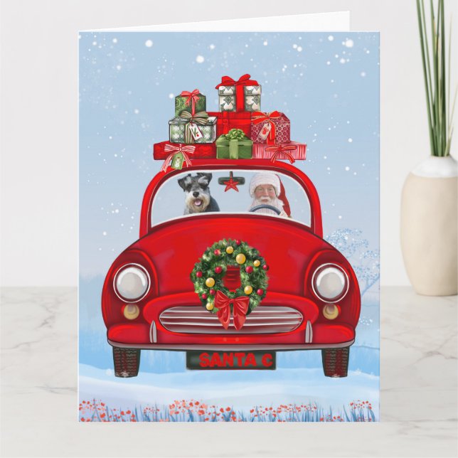 Schnauzer Hund in Auto mit dem Weihnachtsmann Karte (Vorderseite)