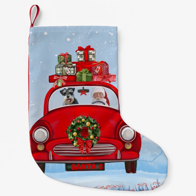 Schnauzer Hund in Auto mit dem Weihnachtsmann Kleiner Weihnachtsstrumpf (Vorderseite)