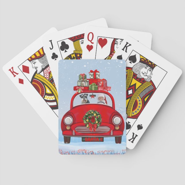 Schnauzer Hund in Auto mit dem Weihnachtsmann Spielkarten (Rückseite)
