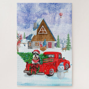 Schnauzer Hund in Weihnachten LKW Schnee