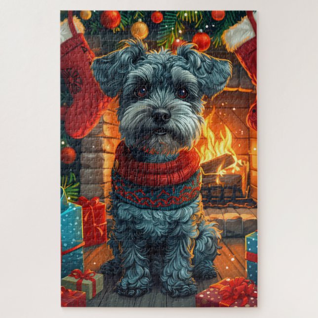 Schnauzer Hund mit Weihnachtsgeschenken Kamin (Vertikal)