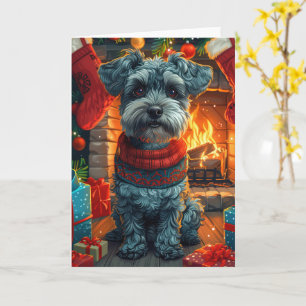 Schnauzer-Hund mit Weihnachtsgeschenken Kamin Karte