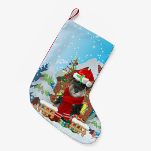 Schnauzer Hund mit Weihnachtsgeschenken Kleiner Weihnachtsstrumpf