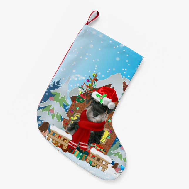 Schnauzer Hund mit Weihnachtsgeschenken Kleiner Weihnachtsstrumpf (Vorderansicht (hängend))