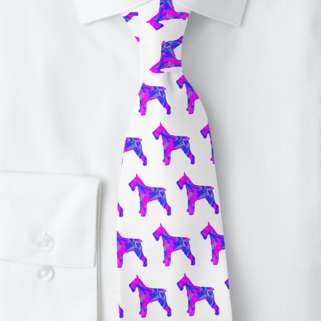 Schnauzer Hund Niedlich rosa Silhouette Weiße Neck Krawatte (Schnauzer pink and blue pattern silhouette white background tie)