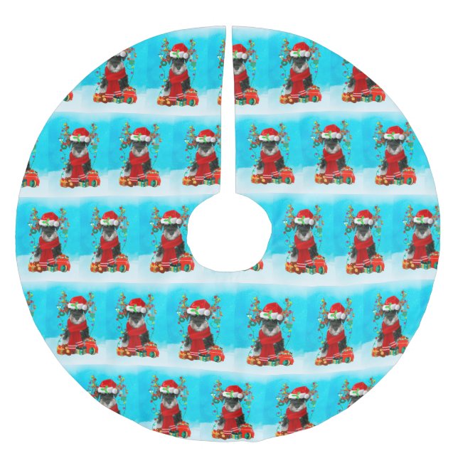 Schnauzer im Schnee mit Weihnachtsgeschenken Polyester Weihnachtsbaumdecke (Vorderseite)