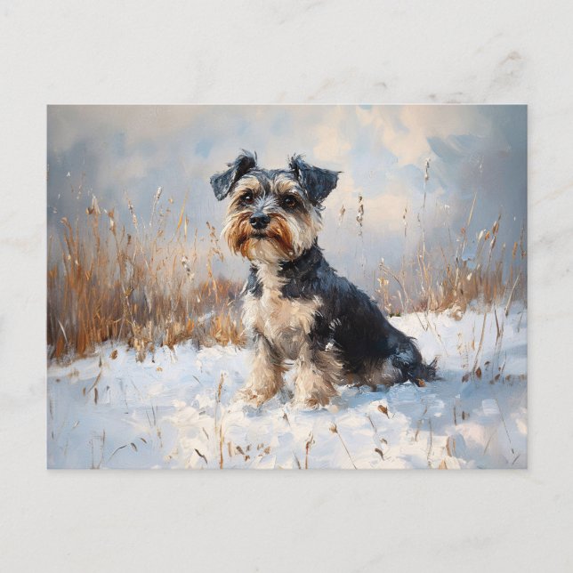 Schnauzer im Winterschnee Postkarte (Vorderseite)