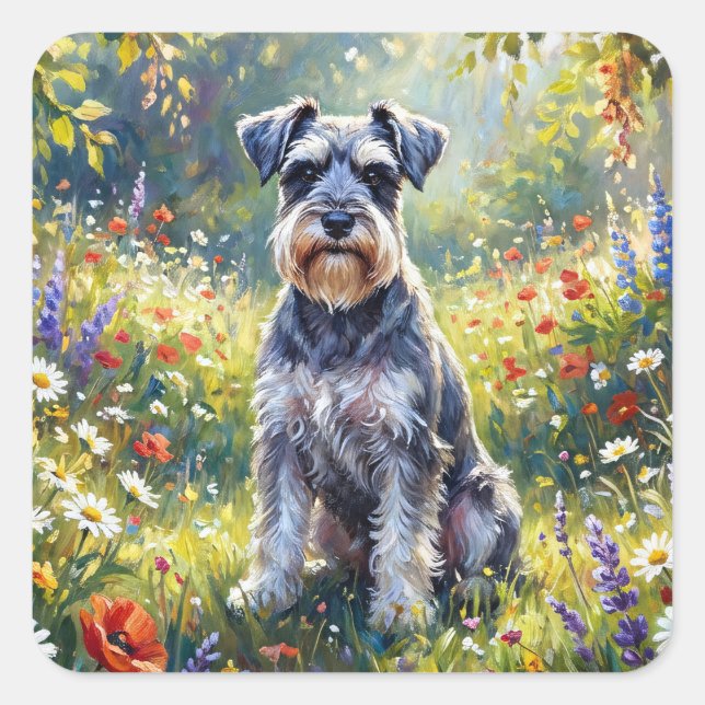 Schnauzer in Wildflower Meadow Quadratischer Aufkleber (Vorderseite)