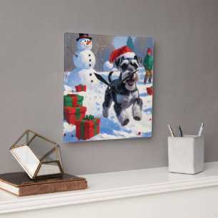 Schnauzer läuft im Schnee mit Weihnachtshut Quadratische Wanduhr