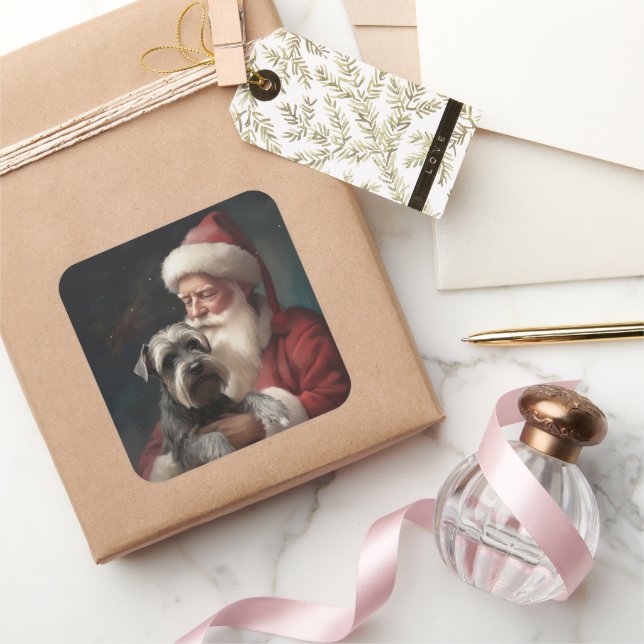 Schnauzer mit dem Weihnachtsmann Weihnachten Quadratischer Aufkleber (Schenken)