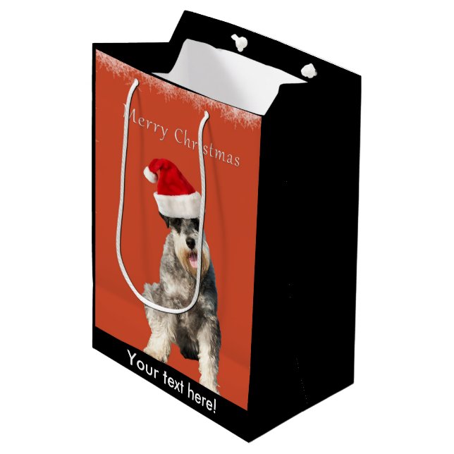 Schnauzer mit Weihnachtshut Mittlere Geschenktüte (Vorderseite Schrägansicht)