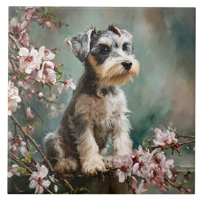 Schnauzer Puppy Among Spring Cherry Blossoms Fliese (Vorderseite)