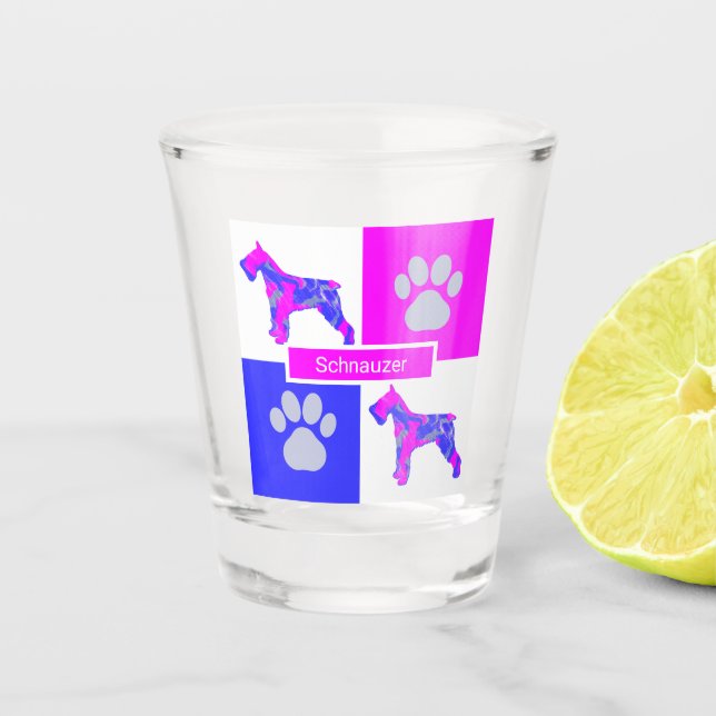Schnauzer Silhouette Dog & Paw Pink Blue Square Schnapsglas (Vorderseite)