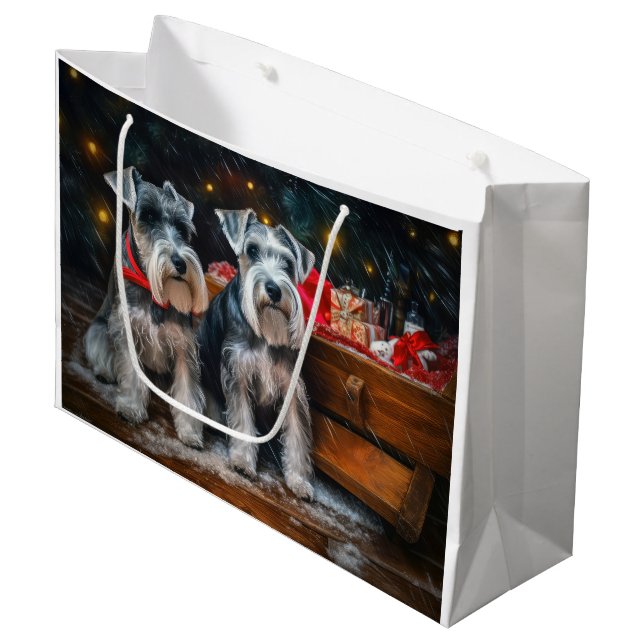 Schnauzer Snowy Sleigh Weihnachtsdekor Große Geschenktüte (Vorderseite Schrägansicht)