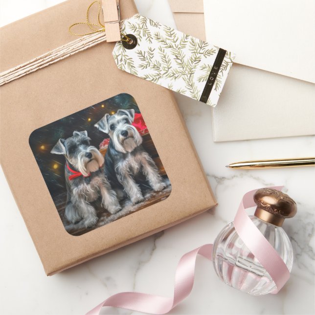 Schnauzer Snowy Sleigh Weihnachtsdekor Quadratischer Aufkleber (Schenken)