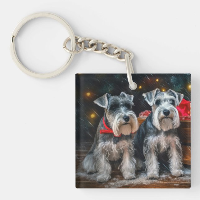 Schnauzer Snowy Sleigh Weihnachtsdekor Schlüsselanhänger (Vorderseite)