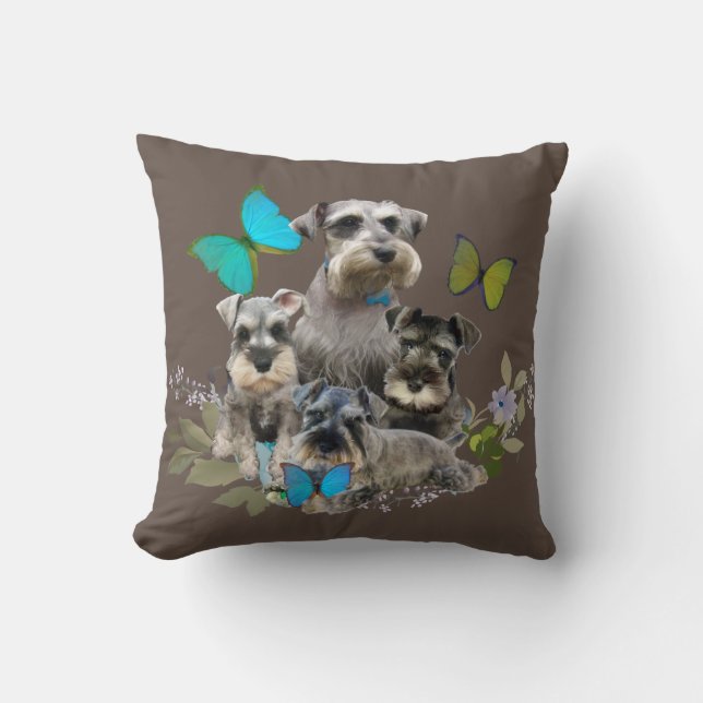 Schnauzer verfolgt Schmetterlinge und Blumen Kissen (Vorderseite)