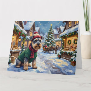 Schnauzer Weihnachten Schnee Dorf Markt Malerei Karte