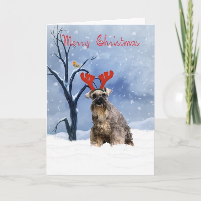 Schnauzer Weihnachtskarte - Schnauzer hat Rentiere Feiertagskarte (Vorderseite)