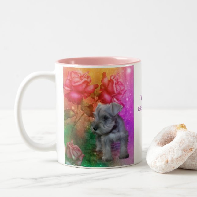 Schnauzer Welpe Fantasy Rose Dog Personalisiert Zweifarbige Tasse (Mit Donut)