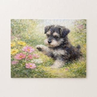Schnauzer-Welpe Frühlingsblumen