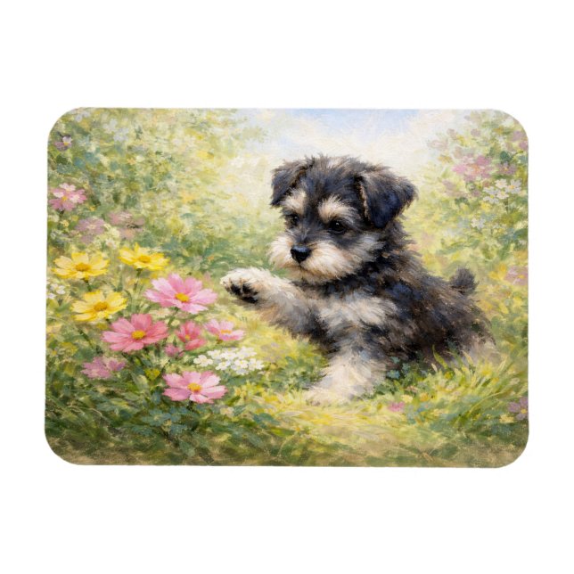 Schnauzer-Welpe Frühlingsblumen Flexibel Magnet (Horizontal)