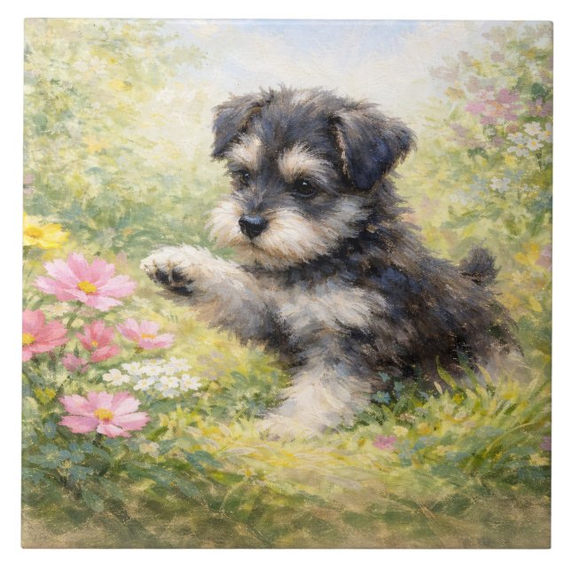 Schnauzer-Welpe Frühlingsblumen Fliese (Vorderseite)