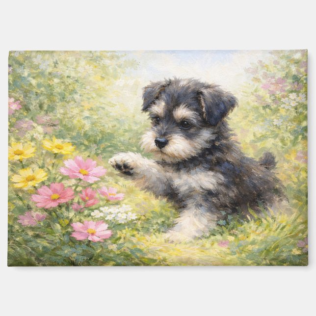 Schnauzer-Welpe Frühlingsblumen Magnet (Vorderseite)