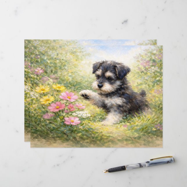 Schnauzer-Welpe Frühlingsblumen Scrapbook Papier (Vorderseite/Rückseite Beispiel)