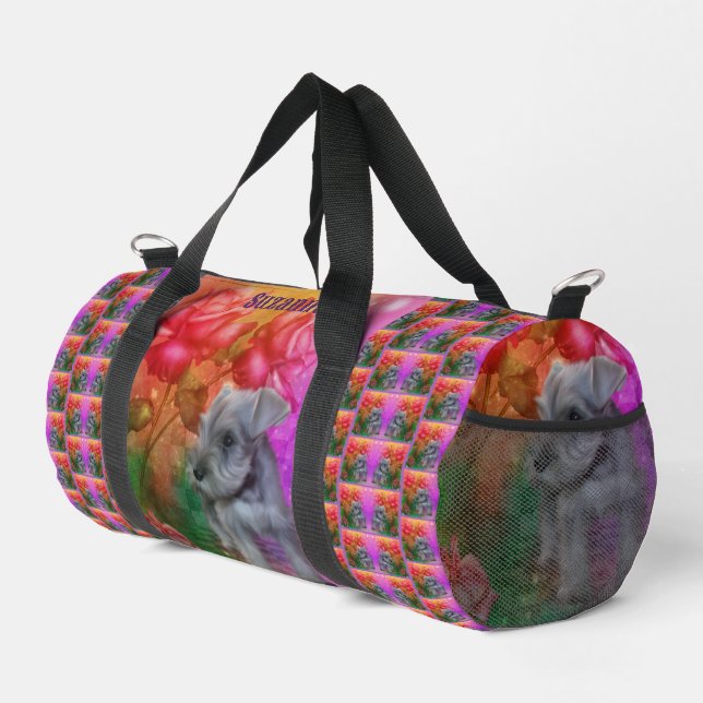 Schnauzer Welpe Rose Dog Personalisiert Duffle Bag (Rechte Ecke)