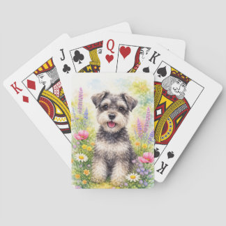 Schnauzer-Welpe und Wildblumen Spielkarten