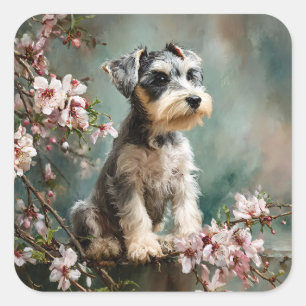 Schnauzer-Welpe unter Frühlings-Kirschblüten Quadratischer Aufkleber
