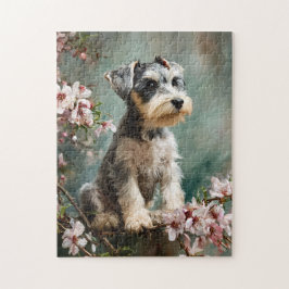 Schnauzer-Welpe zwischen Frühlings-Kirschblüten