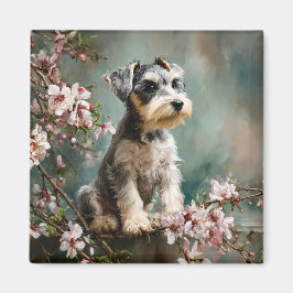 Schnauzer-Welpe zwischen Frühlings-Kirschblüten Magnet