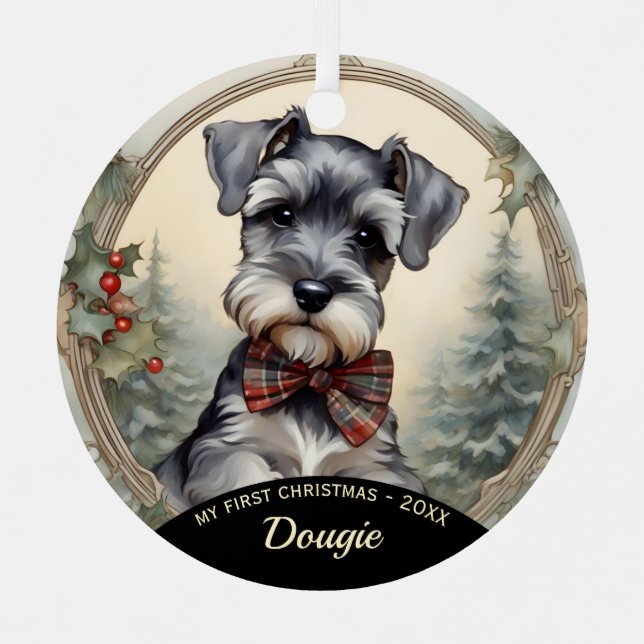 Schnauzer Welppy's First Christmas Ornament Aus Metall (Vorderseite)