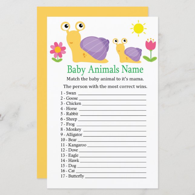 Schnecke Baby Animals Name Game (Vorne/Hinten)