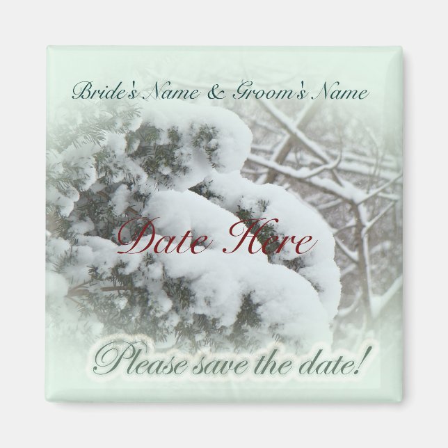 Schnee auf Arbor Vitae Save the Date Hochzeit Magnet (Vorne)