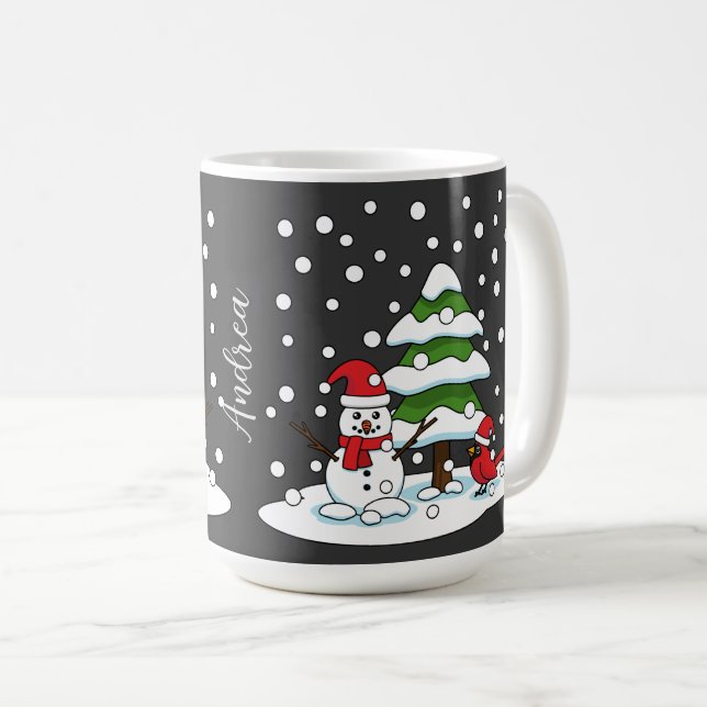 Schnee auf Kardinal, Schneemann und Pine Tree | Na Kaffeetasse (VorderseiteRechts)