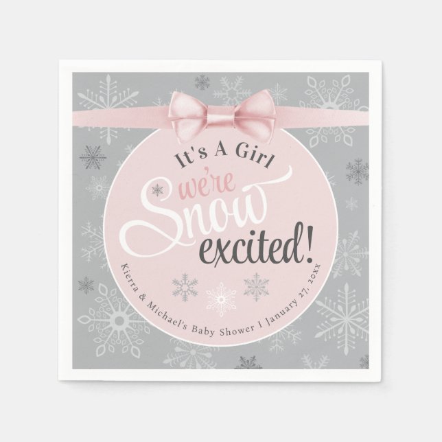 Schnee begeistert Baby mit einer Girl Pink Snowfla Serviette (Vorderseite)