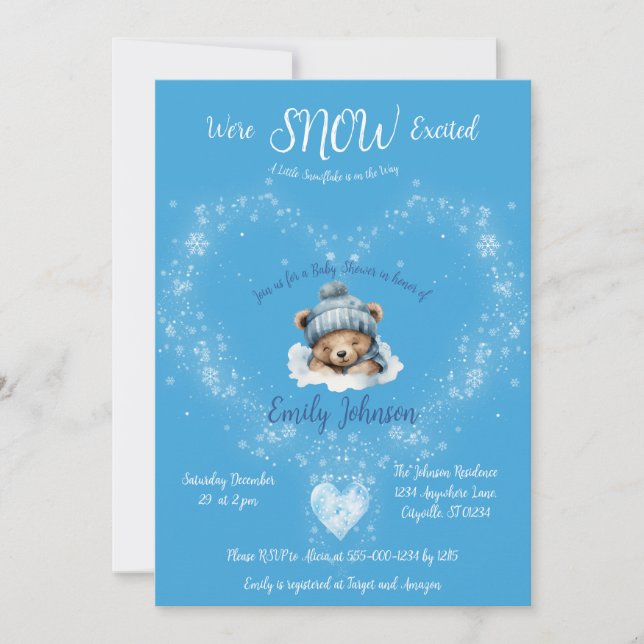 Schnee begeistert Blue Teddy Bear Baby Dusche Einladung (Vorderseite)