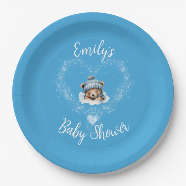Schnee begeistert Blue Teddy Bear Baby Dusche Pappteller (Vorderseite)