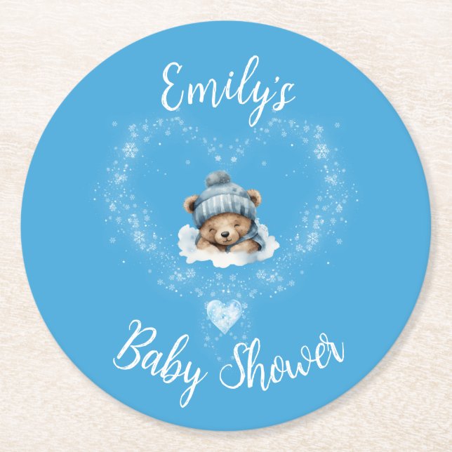 Schnee begeistert Blue Teddy Bear Baby Dusche Runder Pappuntersetzer (Vorderseite)