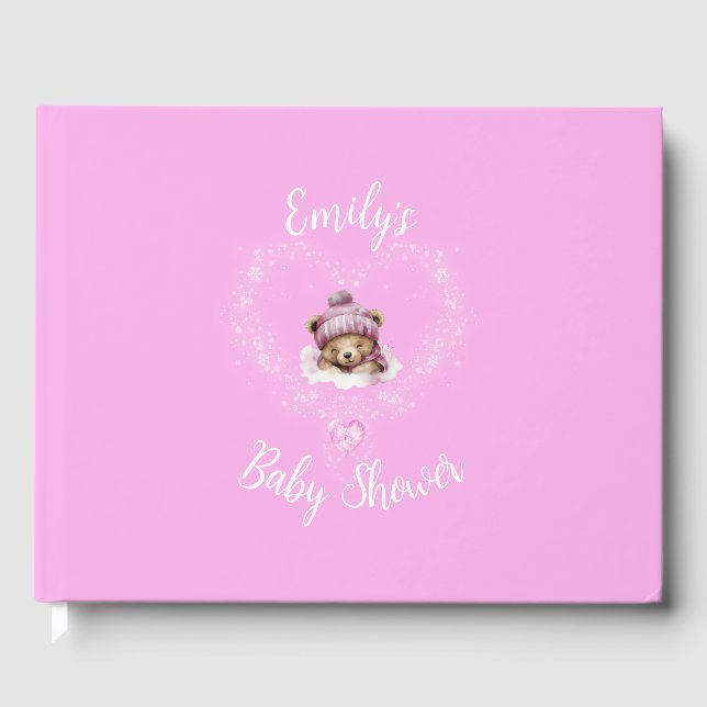 Schnee begeistert Pink Teddy Bear Baby Dusche Gästebuch (Vorderseite)