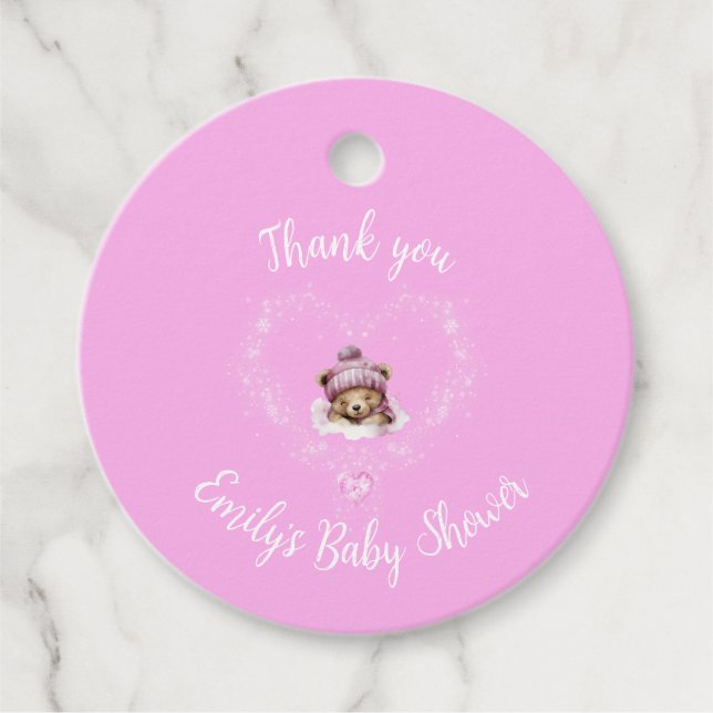 Schnee begeistert Pink Teddy Bear Baby Dusche Geschenkanhänger (Vorderseite)