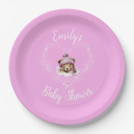 Schnee begeistert Pink Teddy Bear Baby Dusche Pappteller