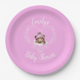 Schnee begeistert Pink Teddy Bear Baby Dusche Pappteller