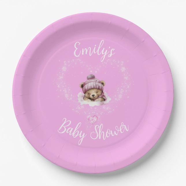 Schnee begeistert Pink Teddy Bear Baby Dusche Pappteller (Vorderseite)