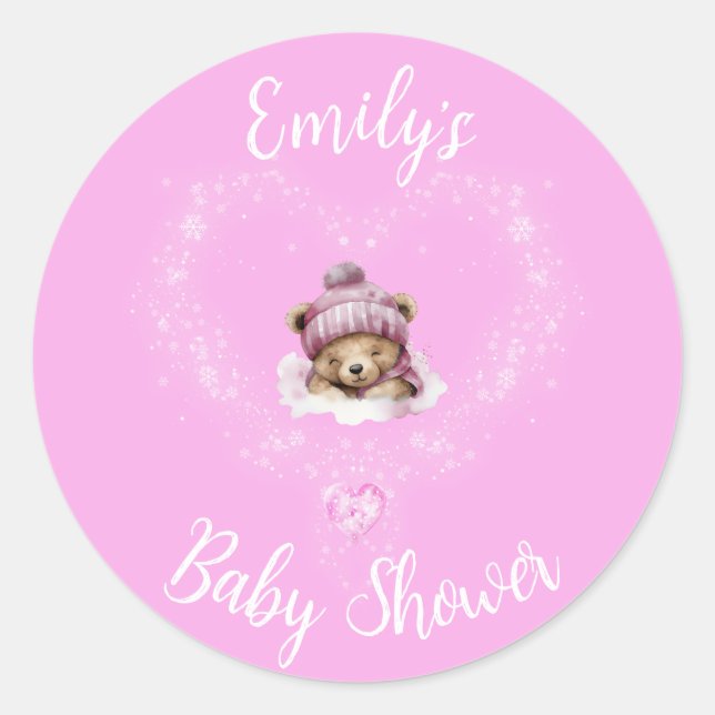 Schnee begeistert Pink Teddy Bear Baby Dusche Runder Aufkleber (Vorderseite)